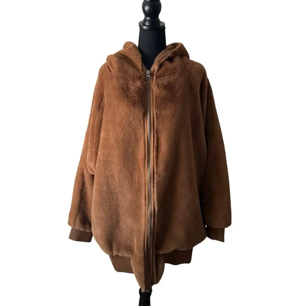 FREE PEOPLE Oversized Brown Faux Fur Hoodie Jacket Coat Size Medium